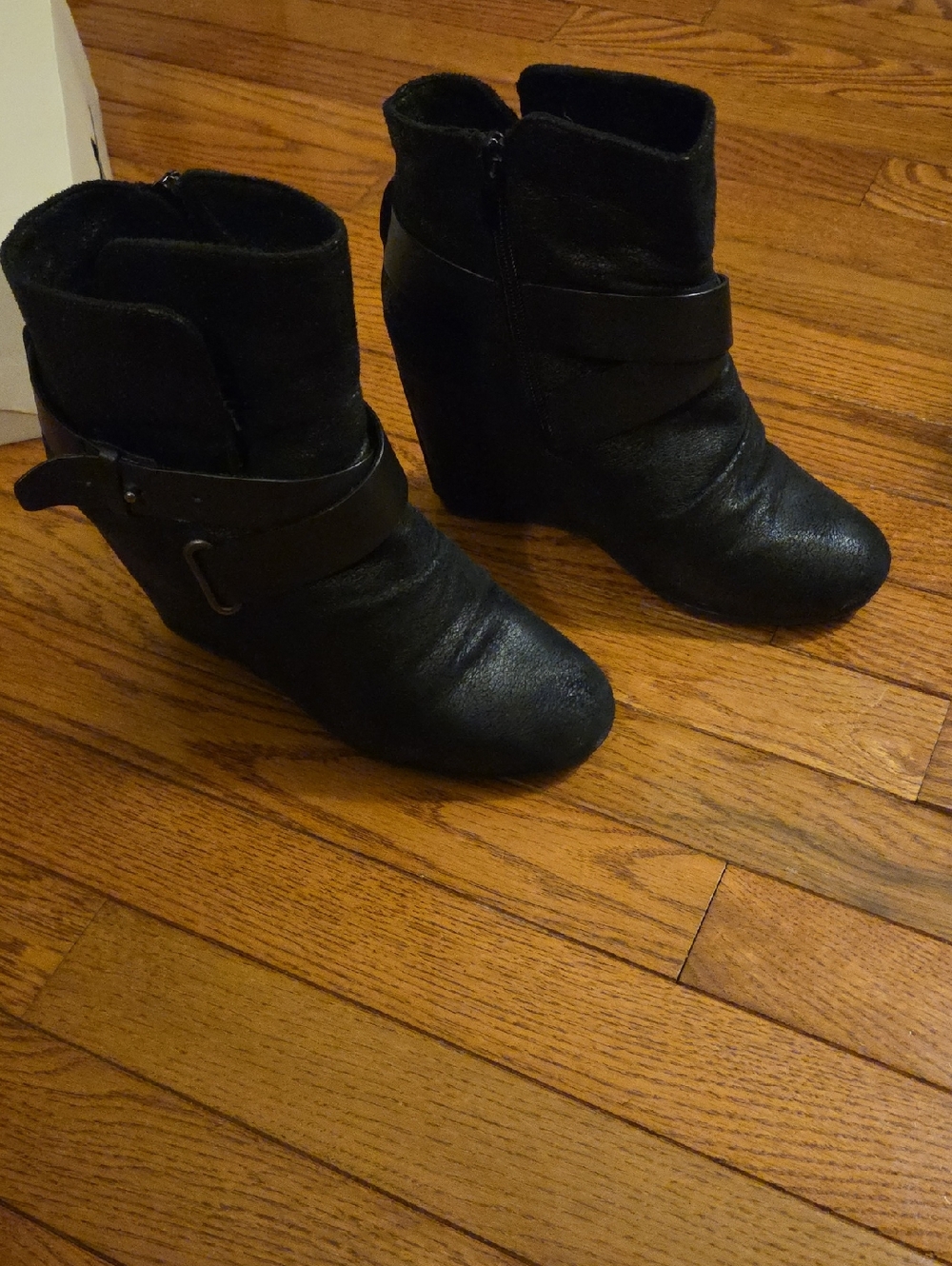 Aldo Black Leather Wedge Ankle Boots with Strap